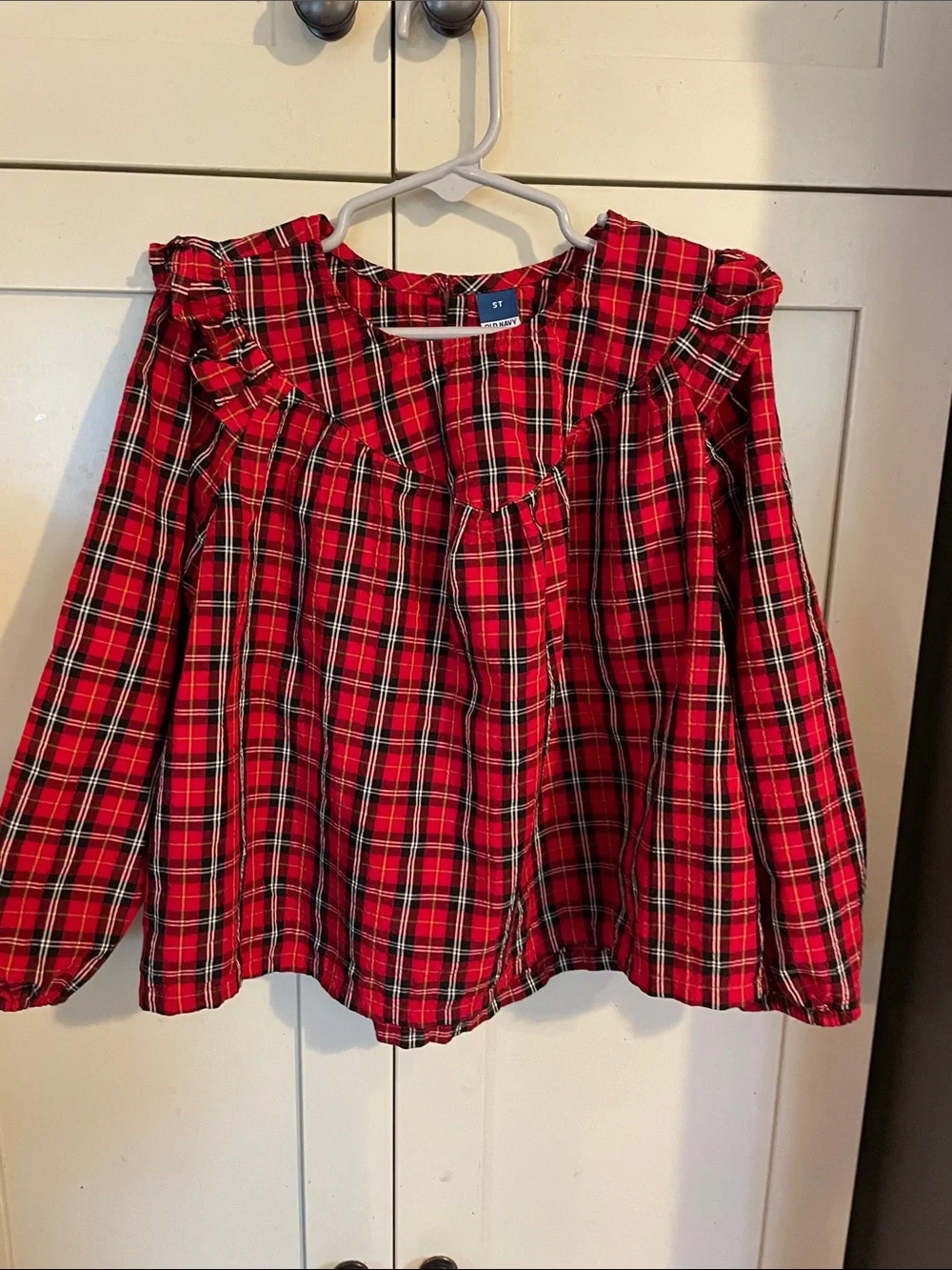 Old Navy Red Plaid Ruffle Yoke Long Sleeve Top